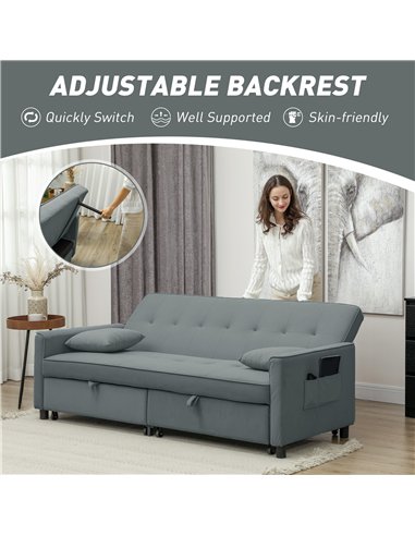 HOMCOM Three-Person Velvet-Feel Sofa Bed - Grey