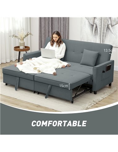 HOMCOM Three-Person Velvet-Feel Sofa Bed - Grey