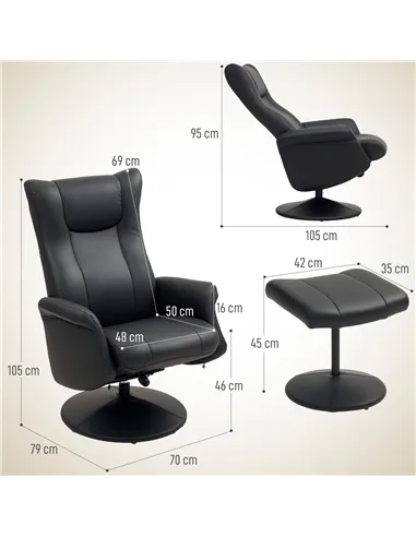 HOMCOM Swivel Recliner Chair with Footstool, PU Leather Recliner Armchair with Adjustable Back and Steel Frame, Reclining Chair 
