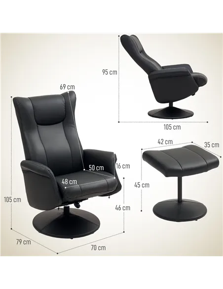 HOMCOM Swivel Recliner Chair with Footstool, PU Leather Recliner Armchair with Adjustable Back and Steel Frame, Reclining Chair 