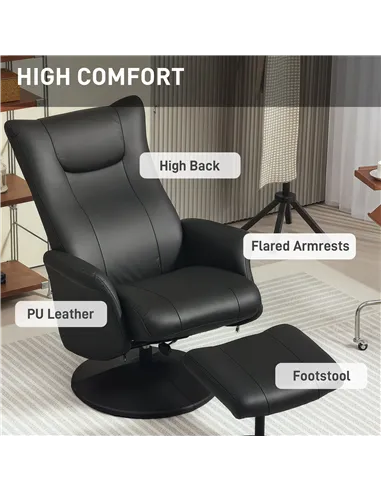 HOMCOM Swivel Recliner Chair with Footstool, PU Leather Recliner Armchair with Adjustable Back and Steel Frame, Reclining Chair 