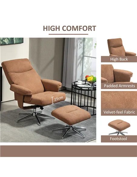 HOMCOM Velvet-Feel Recliner Chair and Ottoman - Light Brown