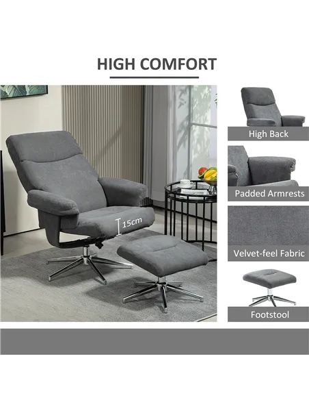 HOMCOM Velvet-Feel Recliner Chair and Ottoman - Dark Grey