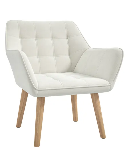 HOMCOM Accent Chair, Arm Chair with Wide Arms, Slanted Back, Thick Padding and Rubber Wooden Legs for Living Room, Cream White