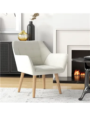 HOMCOM Accent Chair, Arm Chair with Wide Arms, Slanted Back, Thick Padding and Rubber Wooden Legs for Living Room, Cream White