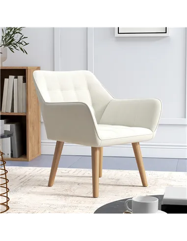 HOMCOM Accent Chair, Arm Chair with Wide Arms, Slanted Back, Thick Padding and Rubber Wooden Legs for Living Room, Cream White