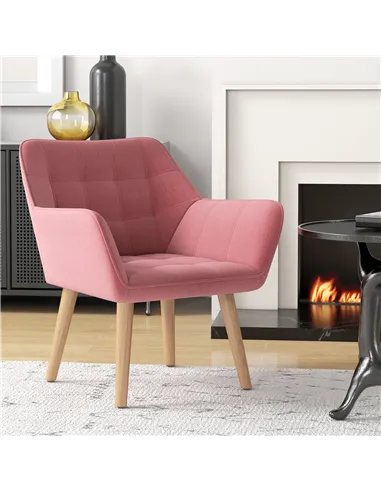 HOMCOM Accent Chair, Arm Chair with Wide Arms, Slanted Back, Thick Padding and Rubber Wooden Legs for Living Room, Pink