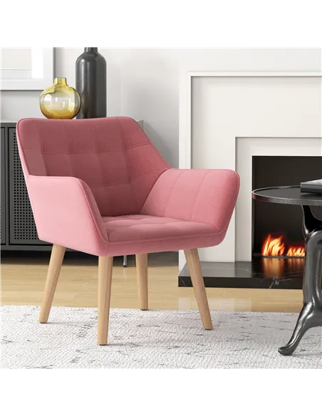 HOMCOM Accent Chair, Arm Chair with Wide Arms, Slanted Back, Thick Padding and Rubber Wooden Legs for Living Room, Pink