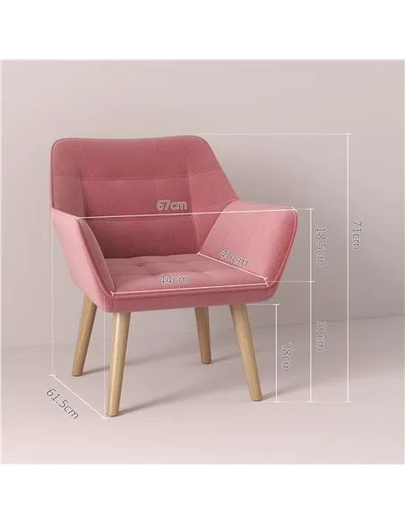 HOMCOM Accent Chair, Arm Chair with Wide Arms, Slanted Back, Thick Padding and Rubber Wooden Legs for Living Room, Pink