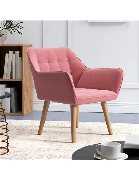 HOMCOM Accent Chair, Arm Chair with Wide Arms, Slanted Back, Thick Padding and Rubber Wooden Legs for Living Room, Pink