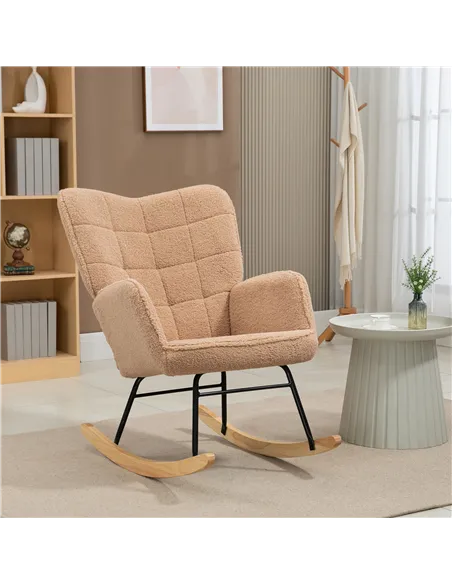 HOMCOM Soft Fleecey Rocking Wingback Chair - Light Brown