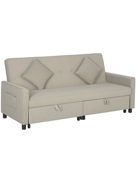 HOMCOM Three-Person Velvet-Feel Sofa Bed - Beige