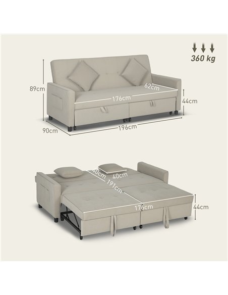 HOMCOM Three-Person Velvet-Feel Sofa Bed - Beige