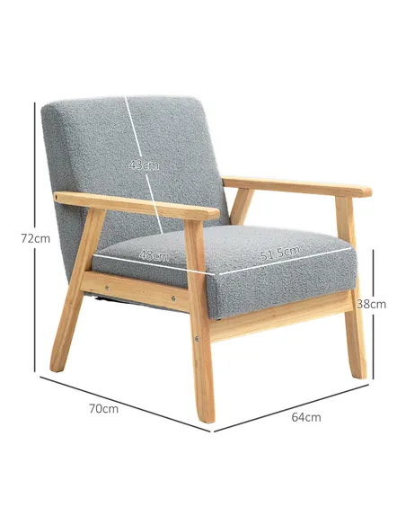 HOMCOM Accent Chair Wood Frame with Thick Cashmere Cushions Wide Seat Armchair Home Furniture Bedroom Office Grey
