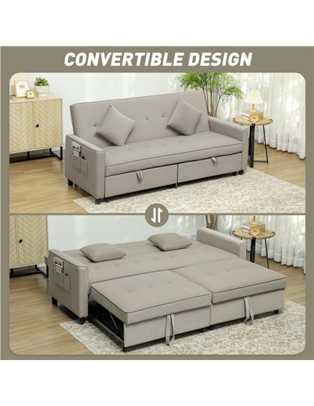 HOMCOM Three-Person Velvet-Feel Sofa Bed - Beige