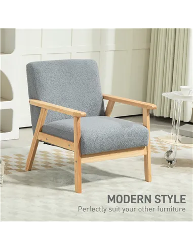 HOMCOM Accent Chair Wood Frame with Thick Cashmere Cushions Wide Seat Armchair Home Furniture Bedroom Office Grey
