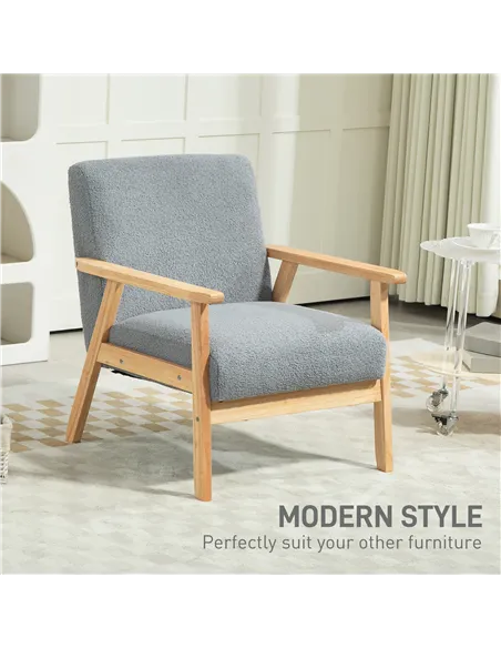 HOMCOM Accent Chair Wood Frame with Thick Cashmere Cushions Wide Seat Armchair Home Furniture Bedroom Office Grey