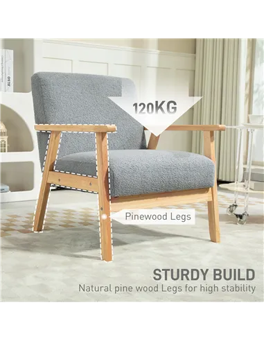 HOMCOM Accent Chair Wood Frame with Thick Cashmere Cushions Wide Seat Armchair Home Furniture Bedroom Office Grey