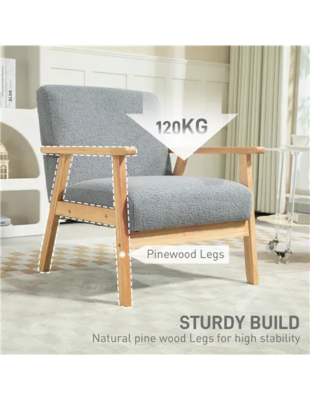 HOMCOM Accent Chair Wood Frame with Thick Cashmere Cushions Wide Seat Armchair Home Furniture Bedroom Office Grey