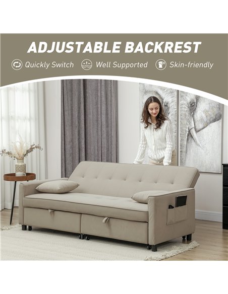 HOMCOM Three-Person Velvet-Feel Sofa Bed - Beige