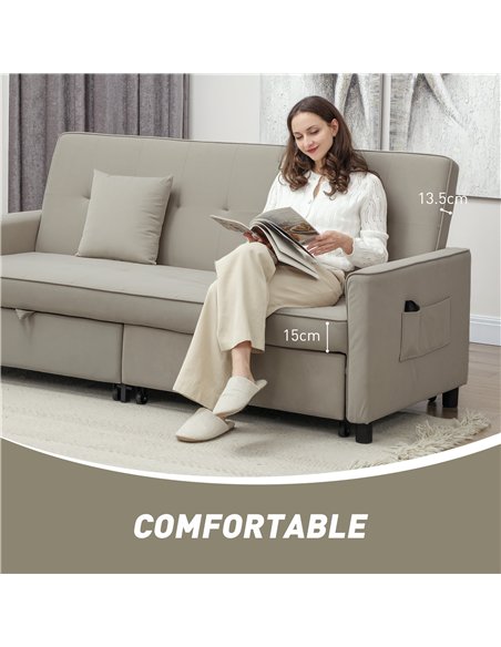 HOMCOM Three-Person Velvet-Feel Sofa Bed - Beige