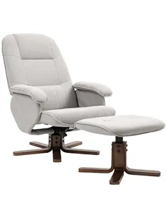 HOMCOM Linen Swivel Recliner Chair with Footstool, Upholstered Reclining Armchair with Wooden Base for Living Room, Light Grey