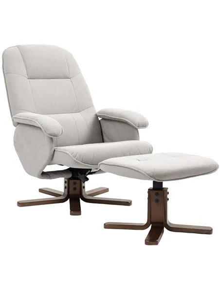 HOMCOM Linen Swivel Recliner Chair with Footstool, Upholstered Reclining Armchair with Wooden Base for Living Room, Light Grey