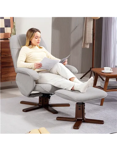 HOMCOM Linen Swivel Recliner Chair with Footstool, Upholstered Reclining Armchair with Wooden Base for Living Room, Light Grey
