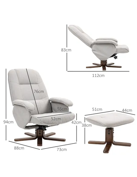 HOMCOM Linen Swivel Recliner Chair with Footstool, Upholstered Reclining Armchair with Wooden Base for Living Room, Light Grey