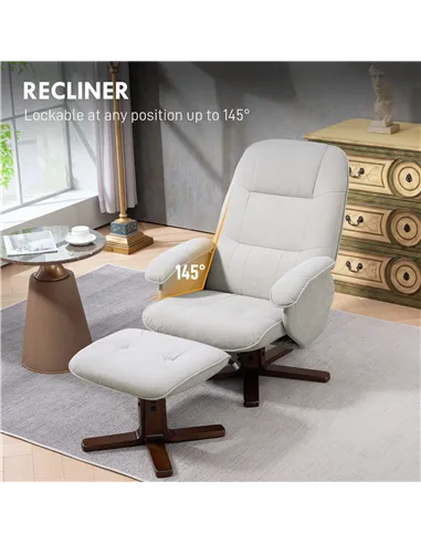 HOMCOM Linen Swivel Recliner Chair with Footstool, Upholstered Reclining Armchair with Wooden Base for Living Room, Light Grey