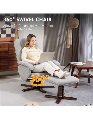 HOMCOM Linen Swivel Recliner Chair with Footstool, Upholstered Reclining Armchair with Wooden Base for Living Room, Light Grey