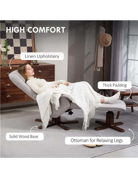 HOMCOM Linen Swivel Recliner Chair with Footstool, Upholstered Reclining Armchair with Wooden Base for Living Room, Light Grey