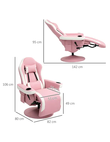 HOMCOM Manual Recliner Armchair PU Leather Lounge Chair w Adjustable Leg Rest, 135° Reclining Function, 360° Swivel, Pink
