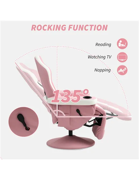 HOMCOM Manual Recliner Armchair PU Leather Lounge Chair w Adjustable Leg Rest, 135° Reclining Function, 360° Swivel, Pink