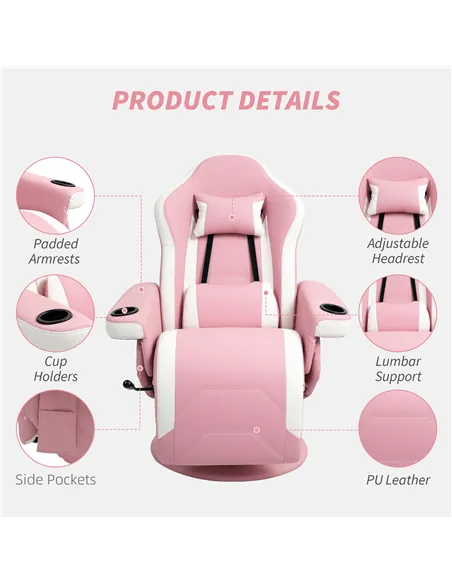 HOMCOM Manual Recliner Armchair PU Leather Lounge Chair w Adjustable Leg Rest, 135° Reclining Function, 360° Swivel, Pink