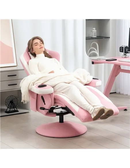 HOMCOM Manual Recliner Armchair PU Leather Lounge Chair w Adjustable Leg Rest, 135° Reclining Function, 360° Swivel, Pink