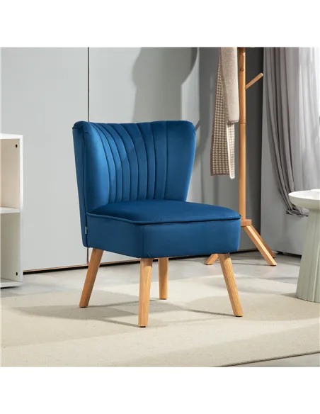 HOMCOM Modern Accent Chair, Fabric Living Room Chair with Rubber Wood Legs and Thick Padding, Dark Blue