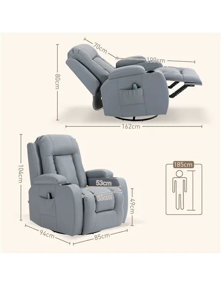 HOMCOM Massage Recliner Chair with 8 Vibration & Heat, PU Leather Recliner Armchair with Cup Holders and Side Pockets, Manual Re