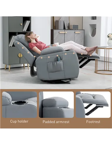HOMCOM Massage Recliner Chair with 8 Vibration & Heat, PU Leather Recliner Armchair with Cup Holders and Side Pockets, Manual Re