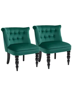 HOMCOM Velvet Accent Chair Set of 2, Button Tufted Wingback Chair with Rubber Wood Legs for Living Room, Bedroom, Dark Green