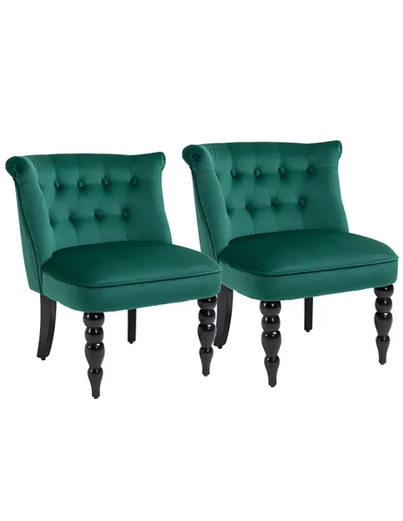 HOMCOM Velvet Accent Chair Set of 2, Button Tufted Wingback Chair with Rubber Wood Legs for Living Room, Bedroom, Dark Green