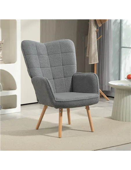 HOMCOM Teddy Fleece Wingback Accent Chair - Grey