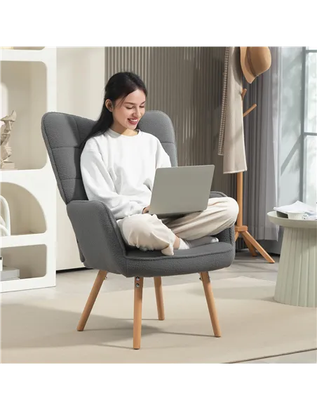HOMCOM Teddy Fleece Wingback Accent Chair - Grey