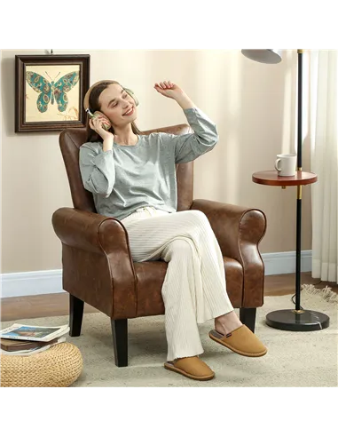 HOMCOM Upholstered Accent Chair with Rolled Arms and Wood Legs, Armchair for Living Room Bedroom, Brown