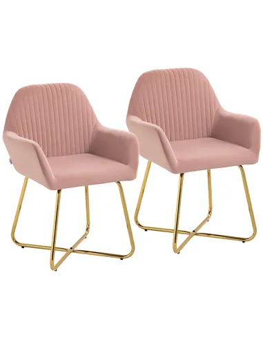 HOMCOM Modern Arm Chair Set of 2 Upholstered Accent Chair with Metal Base for Living Room Pink