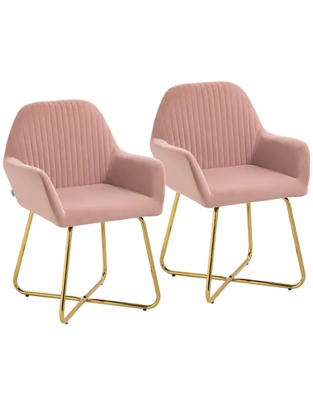HOMCOM Modern Arm Chair Set of 2 Upholstered Accent Chair with Metal Base for Living Room Pink