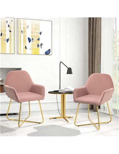 HOMCOM Modern Arm Chair Set of 2 Upholstered Accent Chair with Metal Base for Living Room Pink