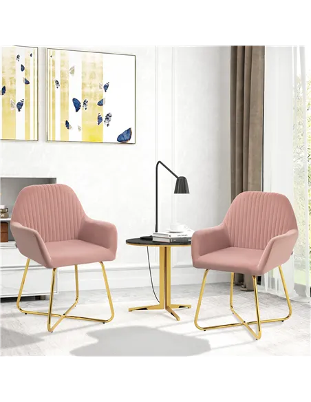 HOMCOM Modern Arm Chair Set of 2 Upholstered Accent Chair with Metal Base for Living Room Pink