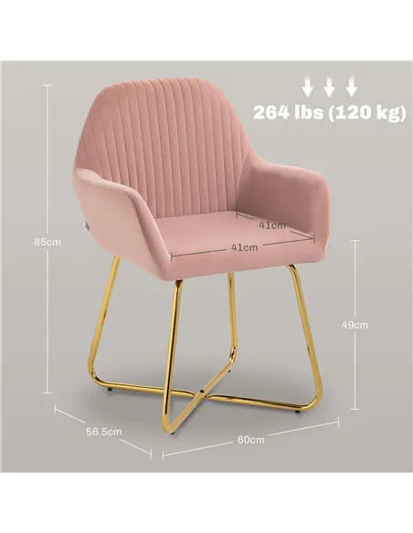 HOMCOM Modern Arm Chair Set of 2 Upholstered Accent Chair with Metal Base for Living Room Pink