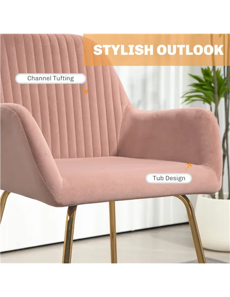 HOMCOM Modern Arm Chair Set of 2 Upholstered Accent Chair with Metal Base for Living Room Pink